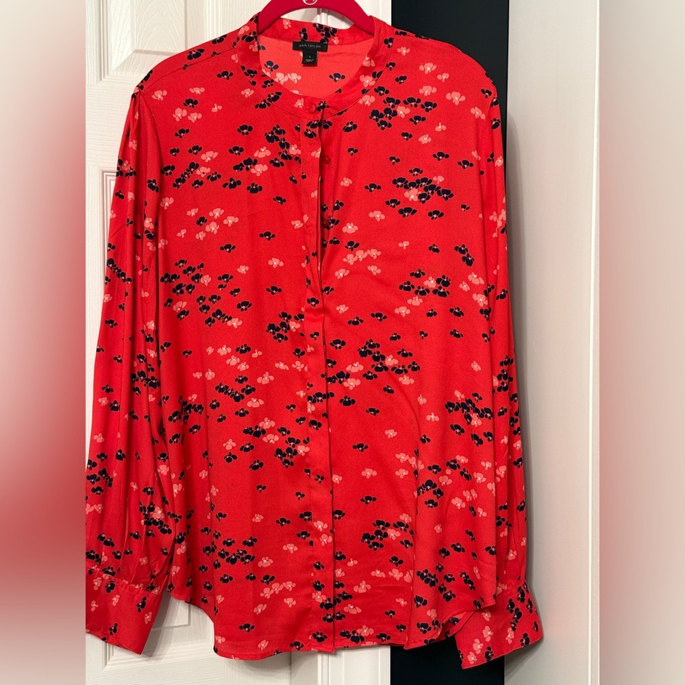 Ann Taylor Red, Coral, and Black Floral Cherry Blossom Blouse